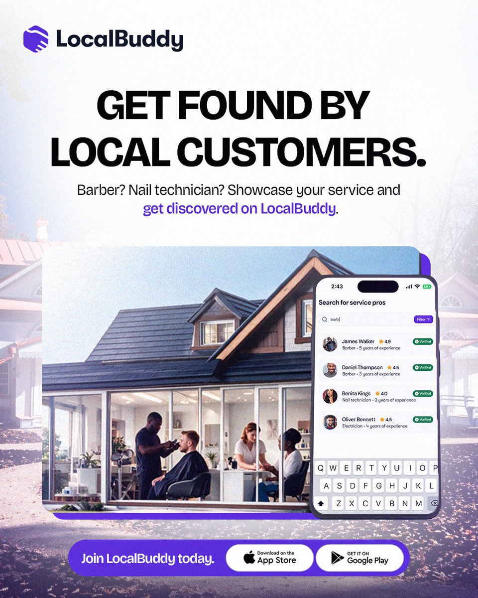 Localbuddyy's tweet photo. Your next local customer is already searching 👀🔍

If you’re a barber, nail tech, or any other local service provider, get discovered on LocalBuddy 💜

Showcase your service. Reach local customers. Grow your business.

📲 Join today

#hustle #Freelancing https://t.co/Gao3HilG1b