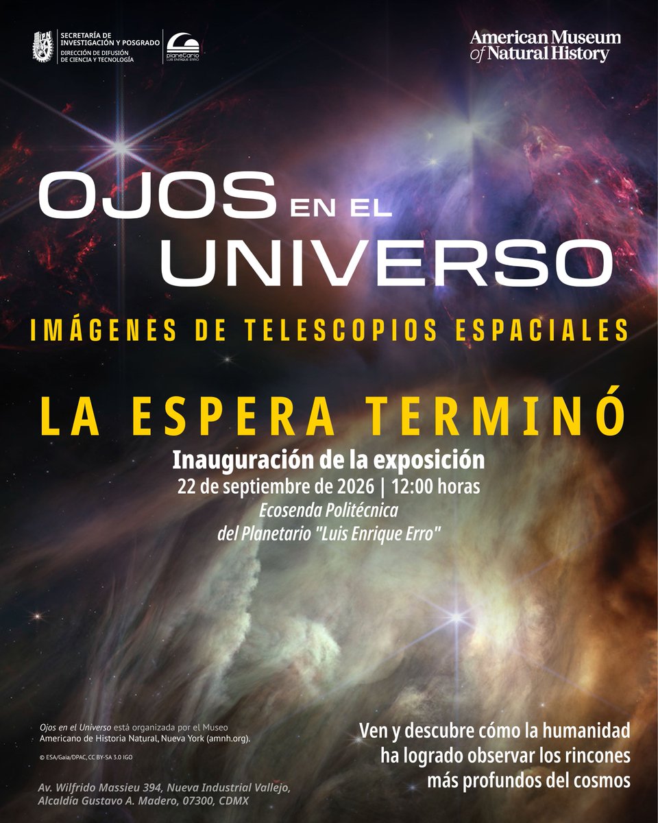 PLEE_IPNoficial's tweet photo. 🚀✨ Mira más allá de las estrellas
🔭 Descubre la exposición "Ojos en el Universo: Imágenes de Telescopios Espaciales" y explora el cosmos a través de impresionantes imágenes captadas desde el espacio.
🗓️ 22.09.2026 | 12:00 h
📍 Planetario "Luis Enrique Erro"
#IPN #PLEE https://t.co/eTHGmoLWIO