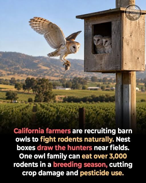 tiger26931's tweet photo. California farmers are fighting rodents by inviting predators onto their land instead of driving them away.
The method starts with nest boxes placed near vineyards and fields where natural nesting cavities are scarce.
Barn owls move in and hunt 🦉 https://t.co/xW1onCrmi6