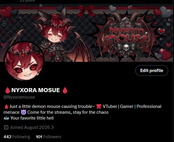 Nyxoramouse's tweet photo. Hey everyone thanks for your support today I've reached 100 followers keep supporting me
#VtuberEN #PNGtuber #VtuberStreamer https://t.co/YK7WHEthaw