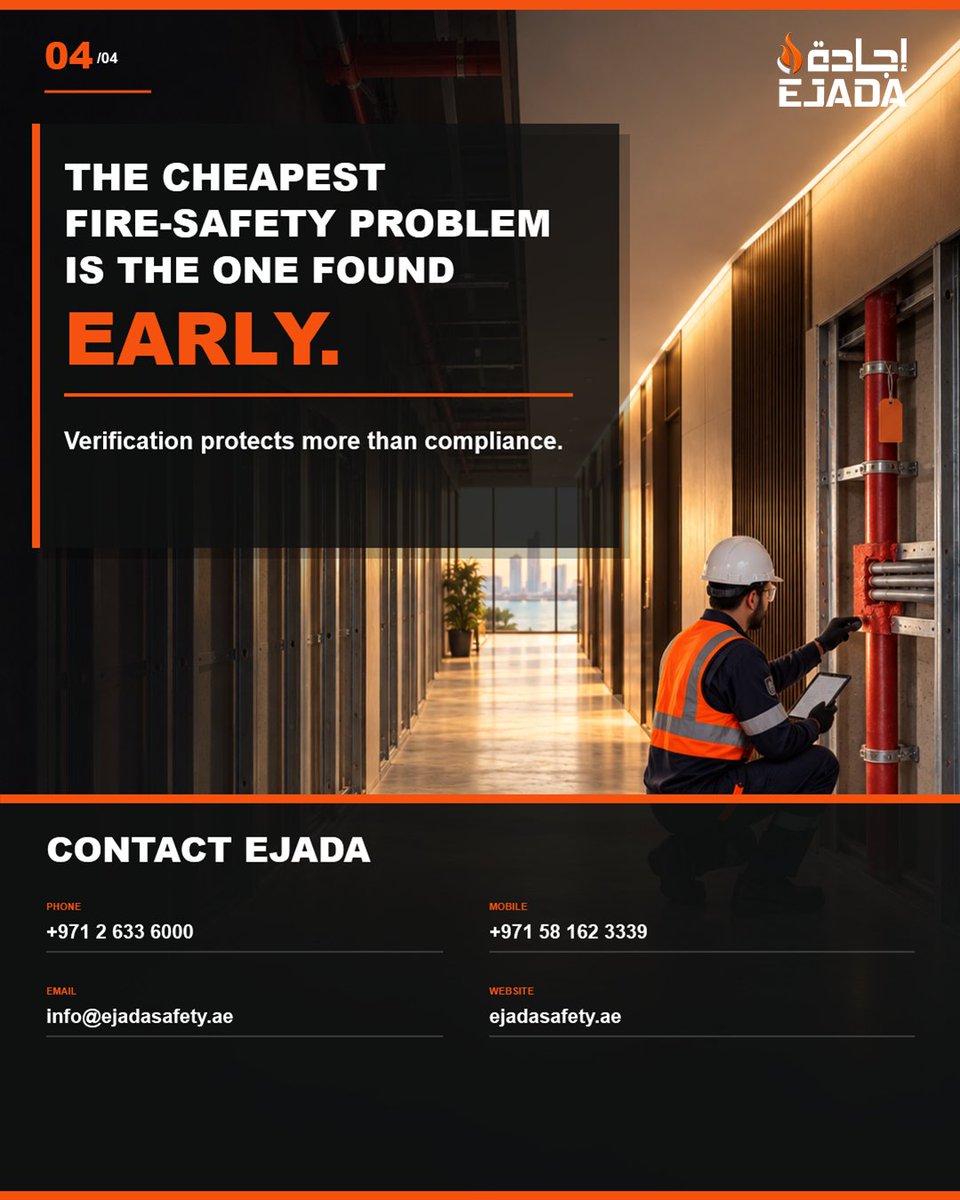 ejadasafety's tweet photo. Fire Safety ROI: Why Early Verification Can Protect Project Cost and Time

#FireSafety #ProjectManagement #BusinessContinuity #FireEngineering #RiskManagement #Construction #EjadaSafety #EjadaSafetyUAE #EjadaAbuDhabi https://t.co/9l7iWxHbvt
