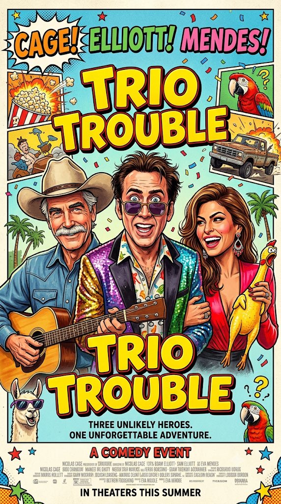 movierulez150's tweet photo. #Ai #AiArt #Concept #Poster #TrioTrouble #NicolasCage #SamElliott #EvaMendes #Heroes #Adventure https://t.co/jjVG3rX1w9