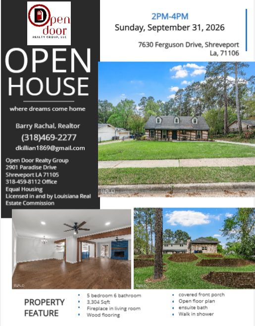 OfficeOpenDoor's tweet photo. 🏡 Open House at 7630 Ferguson Drive, Shreveport LA 71106!

Join us September 13, 2026 from 2–4 PM to tour this beautiful home and imagine your next chapter here ✨ https://t.co/V6cEbCOZiM