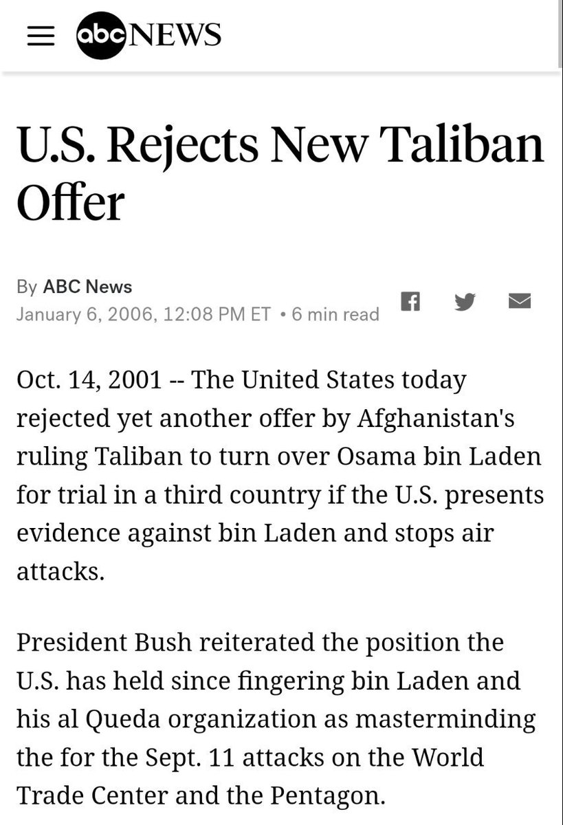 chronicalihere's tweet photo. After the US singled out Osama Bin Laden as the culprit behind 9/11 and began conducting airstrikes on Afghanistan, the Taliban offered to turn him over if the US presented evidence and stopped it's attacks. The US rejected their offers bc they "didn't negotiate with terrorists". https://t.co/WKyFFlUu9U
