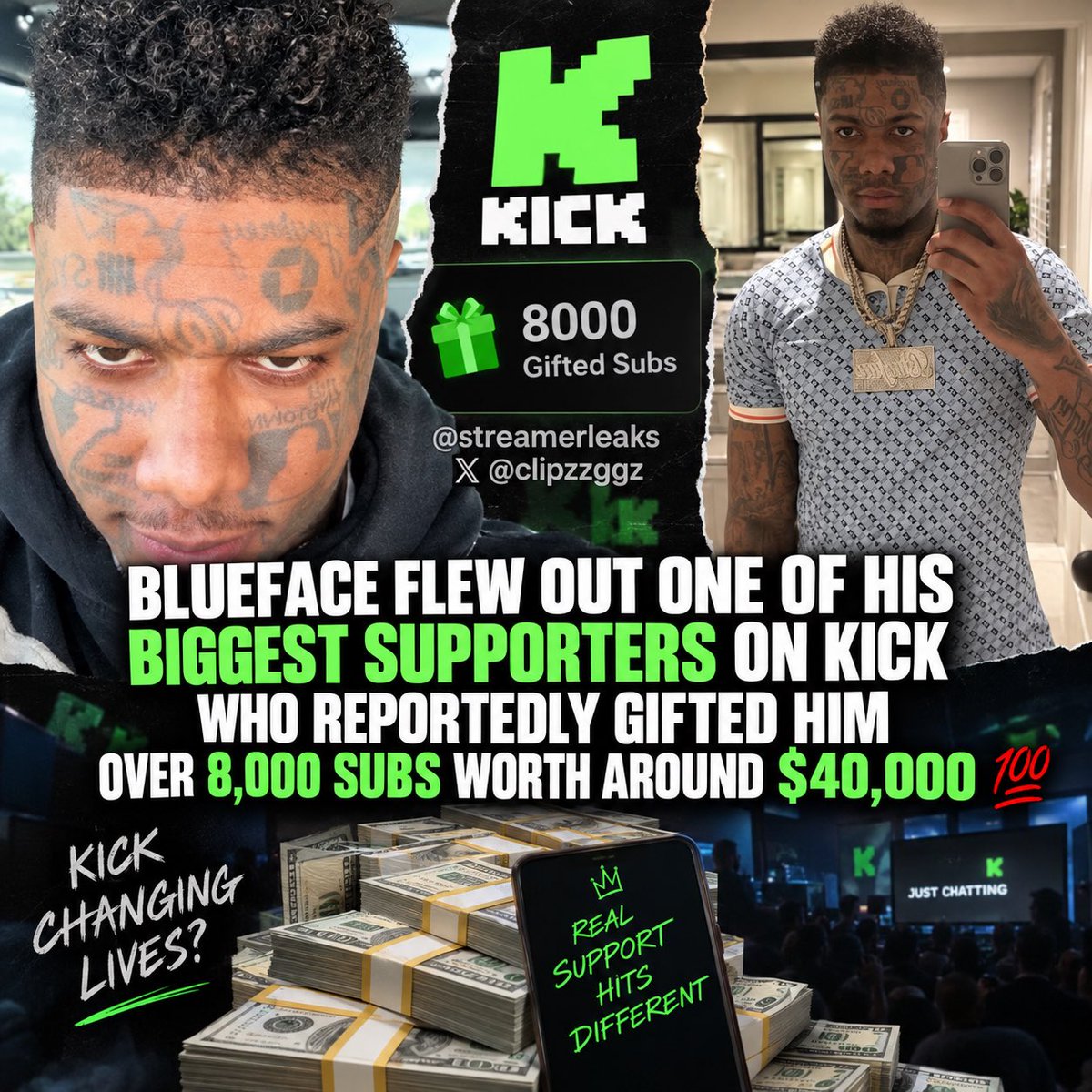 clipzzggz's tweet photo. Blueface reportedly flew out one of his biggest Kick supporters after they gifted him 8,000+ subs worth around $40K 😳💰

Would you ever spend $40K supporting a streamer? 👀

Follow @clipzzggz for more. https://t.co/fA6RNuej14