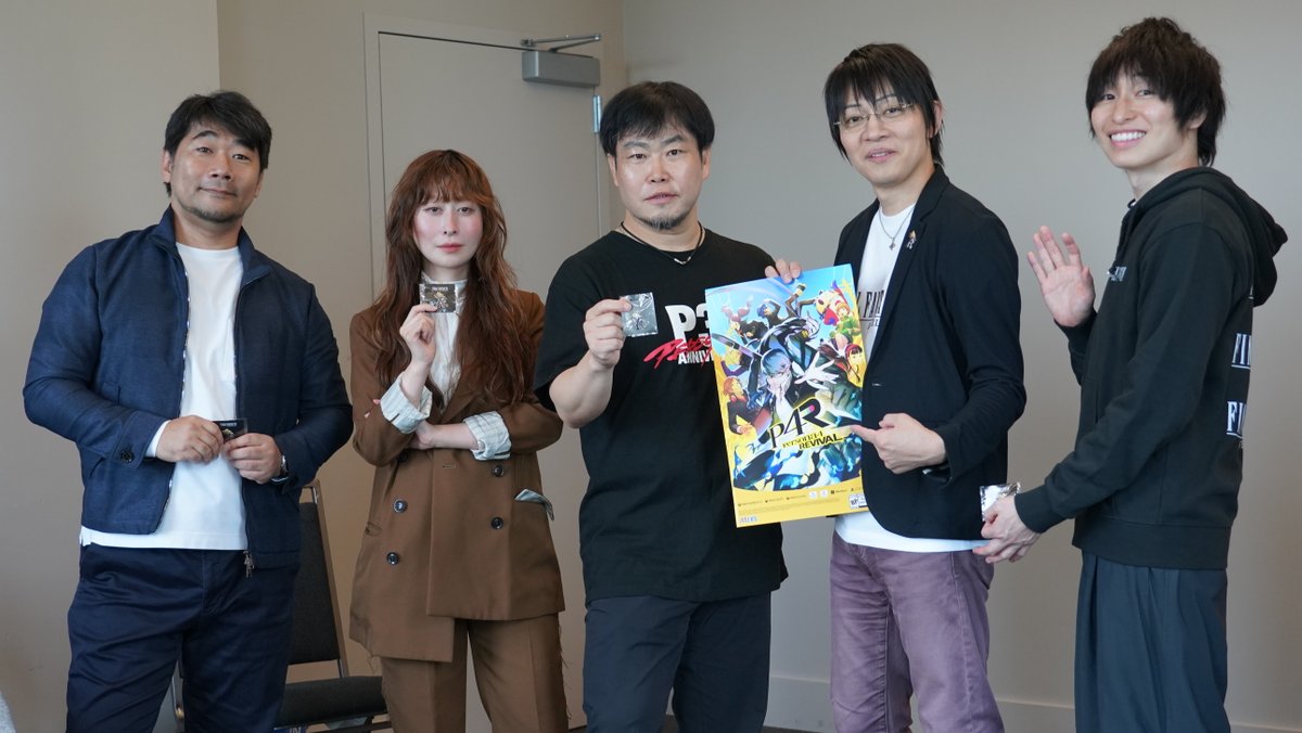 Atlus_West's tweet photo. Two legendary teams cross paths ⚔️

Persona 4 Revival’s Kazuhisa Wada, Shigenori Soejima, and Akane Kabayashi met up backstage with Final Fantasy VII Revelation’s Naoki Hamaguchi and Teruki Endo for a picture last weekend at PAX West! https://t.co/hoqFgiegep