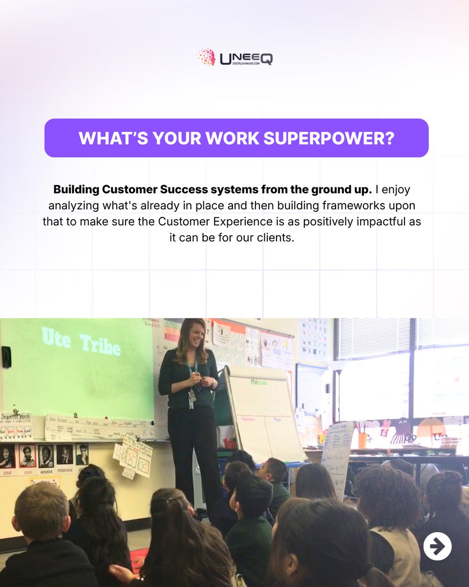 UneeQAI's tweet photo. We're long overdure an introduction. 🥁 

Meet Courtney Gailey, who joined our Customer Success team a few months back.

Many of you may have already met Courtney. She's been doing an amazing job onboarding clients onto our Immersive Training Platform.

Not only does she have great L&D (and even teaching) experience, but her ownership, attention to detail, and positive attitude have been truly invaluable additions to the team. 🌟 

We sat down to learn a little more about what makes her tick. 👇

Great to have you, Courtney!

#UneeQ #learning #education #customersuccess #learninganddevelopment