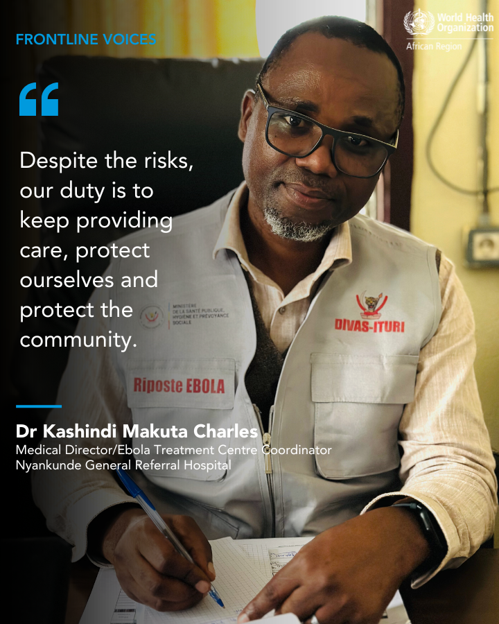 WHOAFRO's tweet photo. Dr Kashindi Makuta Charles, Medical Director of Nyankunde General Referral Hospital and coordinator of the health zone’s Ebola Treatment Centre, divides his days between coordinating response activities and overseeing the care of patients with #Ebola.

In his first experience responding to an Ebola outbreak, he works alongside teams and partners to continuously improve patient care, address operational challenges and strengthen community acceptance of the response.