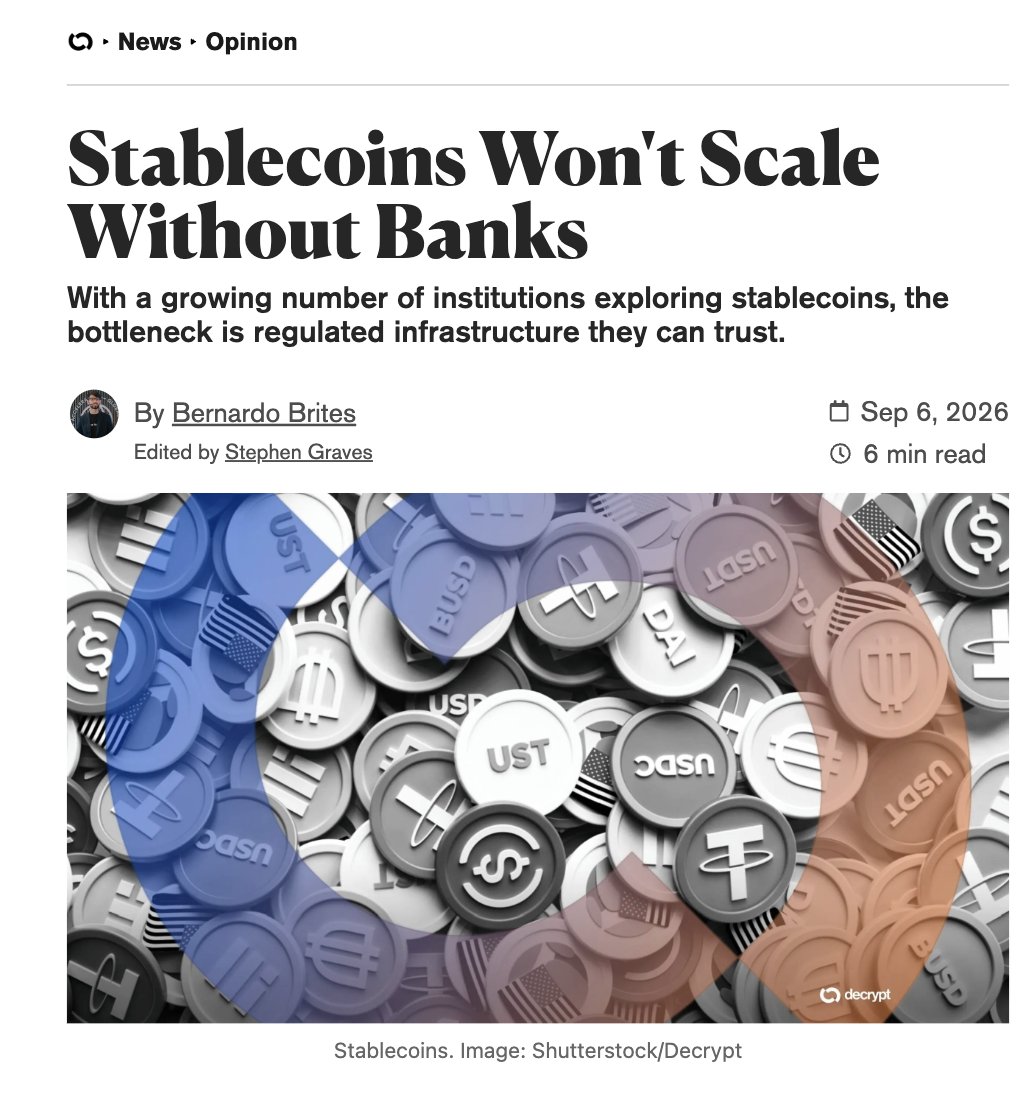 tracefinance's tweet photo. "Volume follows infrastructure."

Our CEO Bernardo Brites in @decryptmedia on why stablecoins won't scale without banks: bank relationships in every corridor, licenses in every jurisdiction, and a second path when a partner pulls out.

https://t.co/bdO12qPxwY https://t.co/xuXw2BMRJ2