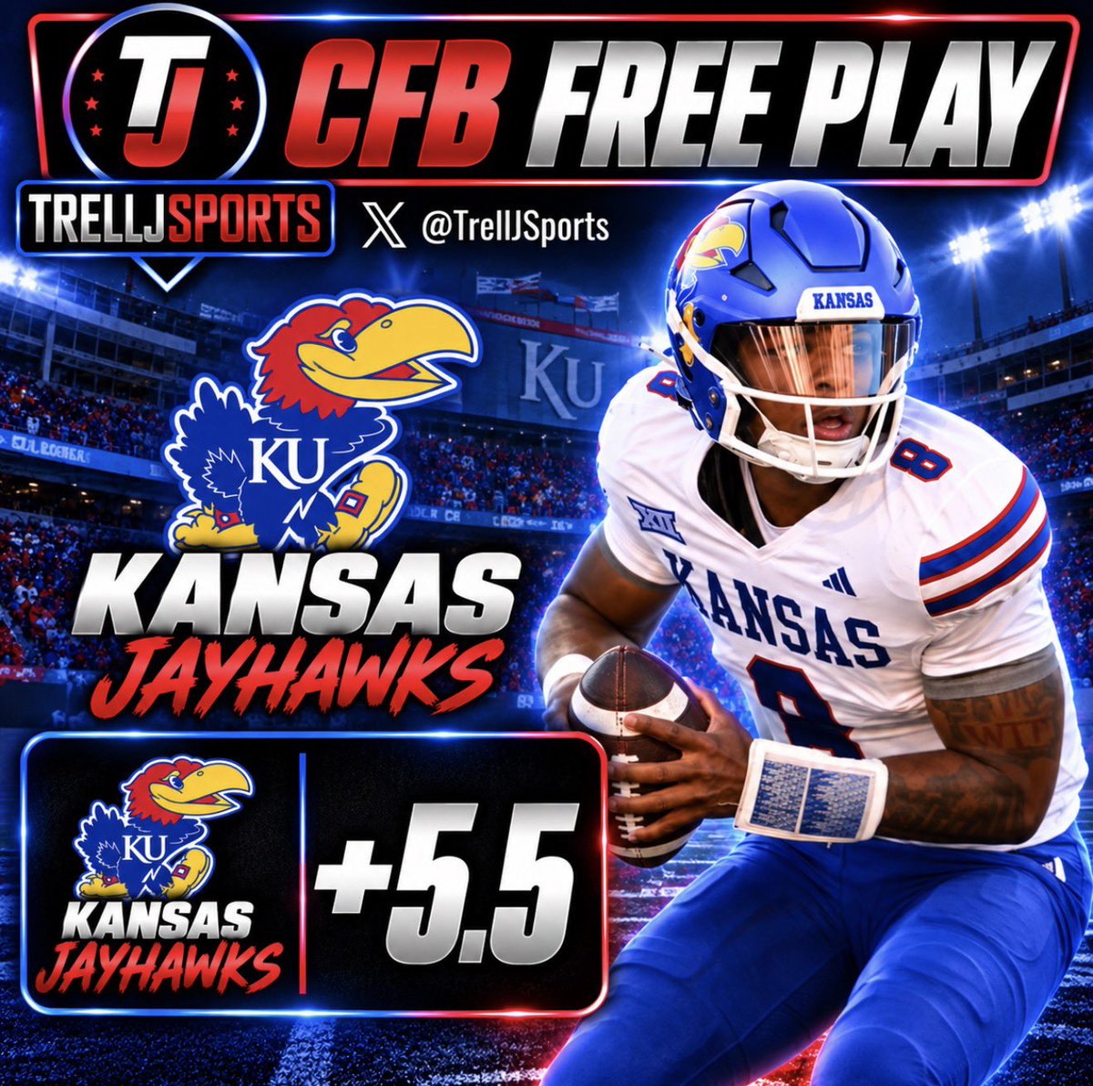 TrellJSports's tweet photo. 🏈 CFB

Kansas Jayhawks +5.5 (-120) 2U

Like if riding with me ♥️

#RockChalk https://t.co/Exw8ctvRCS