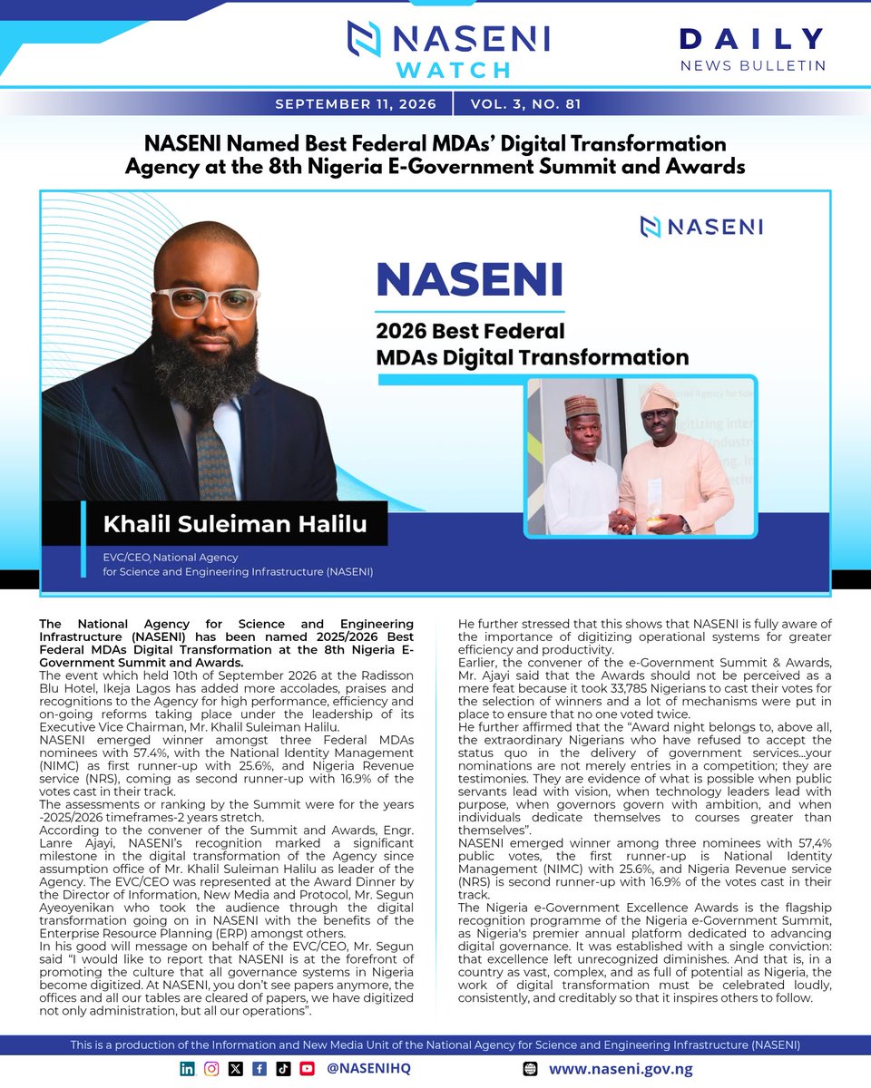 NASENIHQ's tweet photo. NASENI Named Best Federal MDAs' Digital Transformation Agency at the 8th Nigeria E-Government Summit and Awards

#ANewNASENI #NASENIWatch #DailyReview #Science #InfinitePossibilities https://t.co/3VQqcKhaje