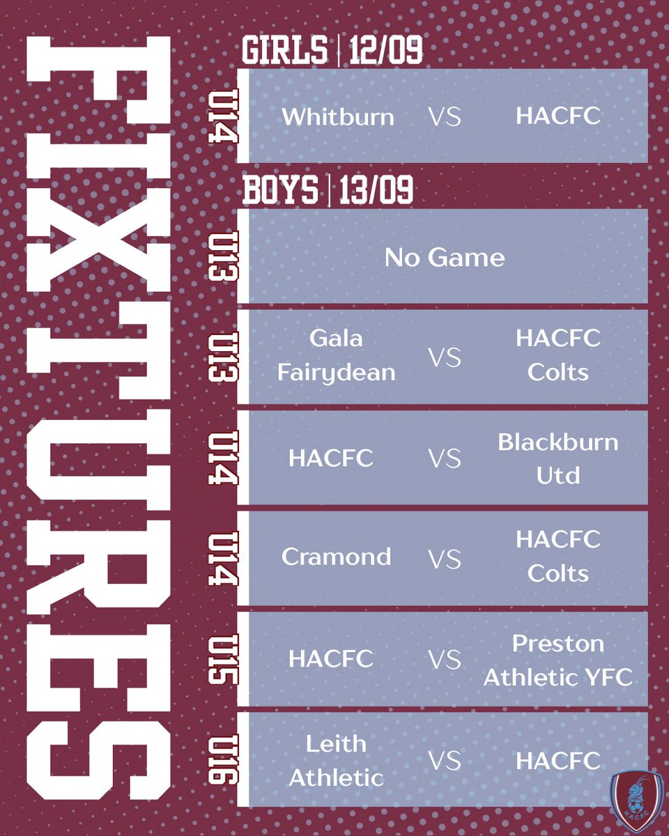 HaddingtonACFC's tweet photo. This weekends fixtures⚽️🤩

Another busy weekend with 6 games across Saturday and Sunday for our teams!

Good luck to everyone participating over the weekend and have fun 🙌 https://t.co/8zqK9FiVCa