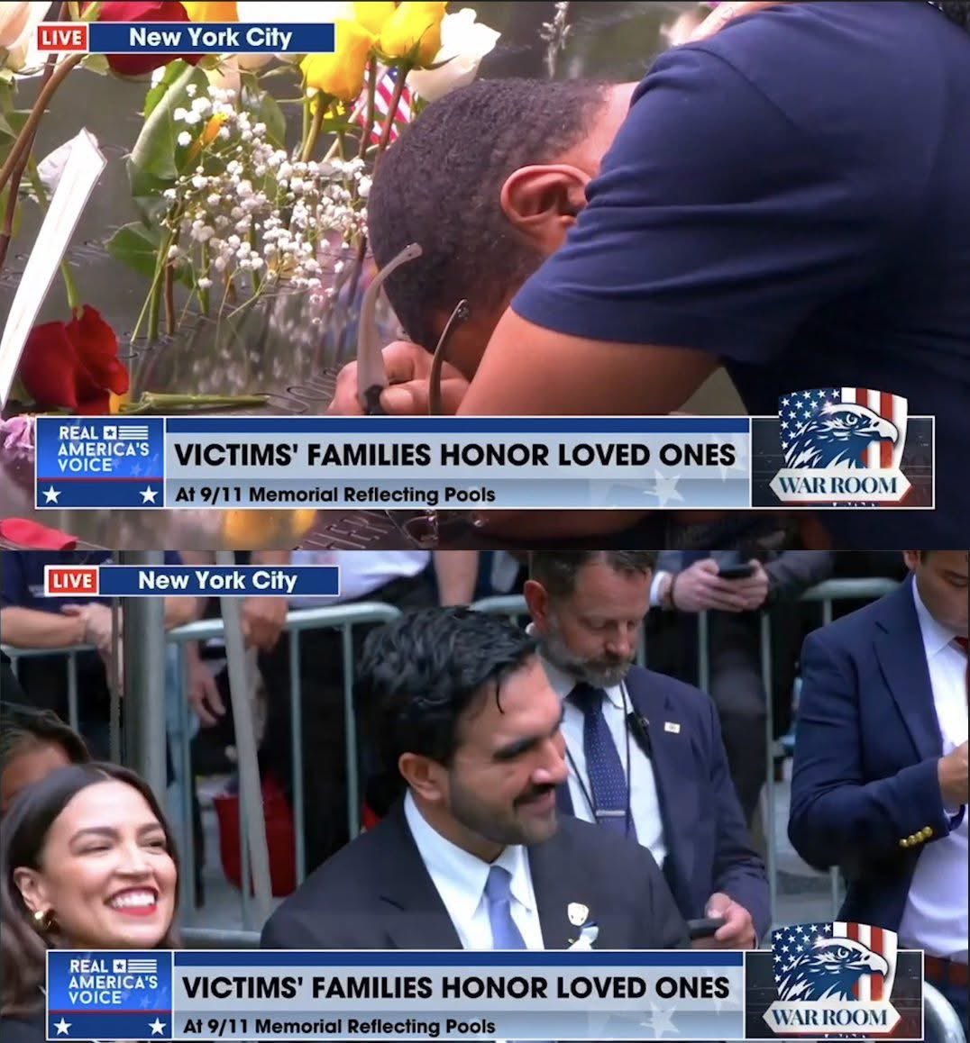 JamesHu27192912's tweet photo. They say a picture is worth 1,000 words. Here is one of Zohran Mamdani and AOC LAUGHING at the 9/11 memorial while family members break down and grieve. https://t.co/f3s3giTxIl