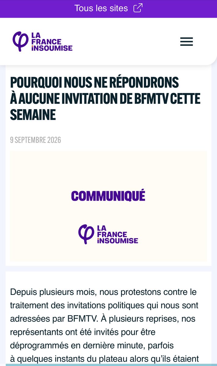 celine_pina's tweet photo. La France Insoumise décide de boycotter BFM. Mais au delà du communiqué faux-cul, quelle est la vraie raison?

Obtenir un totem d’immunité.

Comment ça marche: 
je l’ai vu à CNews. Quand un LFI venait sur le plateau, les chroniqueurs avaient consigne de le ménager et l’intervieweur aussi.

Pourquoi? Parce que sinon ces drama queens de la politique se roulent par terre, expliquent que les gens sont trop méchants et refusent de venir. Ce n’est pas qu’ils manquent mais quand l’ARCOM menace de fermer des chaînes au nom du pluralisme, la menace de boycott vous donne le pouvoir. Boycotter devient une menace directe pour l’existence et la pérennité de la chaîne. Ce qui vous permet à terme d’obtenir de meilleures conditions de passage et des passe-droits. C’est du chantage et de la manipulation.

C’est de bonne guerre. Alors comment empêcher le détournement du pluralisme en système de chantage ? Et bien en remettant chacun face à ses responsabilités. 

Si un parti boycotte une chaîne, celle-ci est relevée de ses obligations à son égard et peut inviter qui elle veut sur ces  créneaux libérés. Vous verrez que LFI fera beaucoup moins la délicate et arrêtera de se rouler par terre en jouant les victimes.