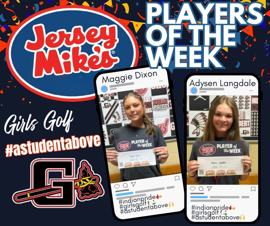 SchoolGilbert's tweet photo. Congratulations to these two young ladies for being named this week's #astudenabove Jersey Mike's Players of the Week!  Keep grinding on the course and in the classroom! #indianpride⛳️❤️🖤 @GHS_GilbertSC @namick1813 @Gilbert_Golf https://t.co/3Noy2XZyXt
