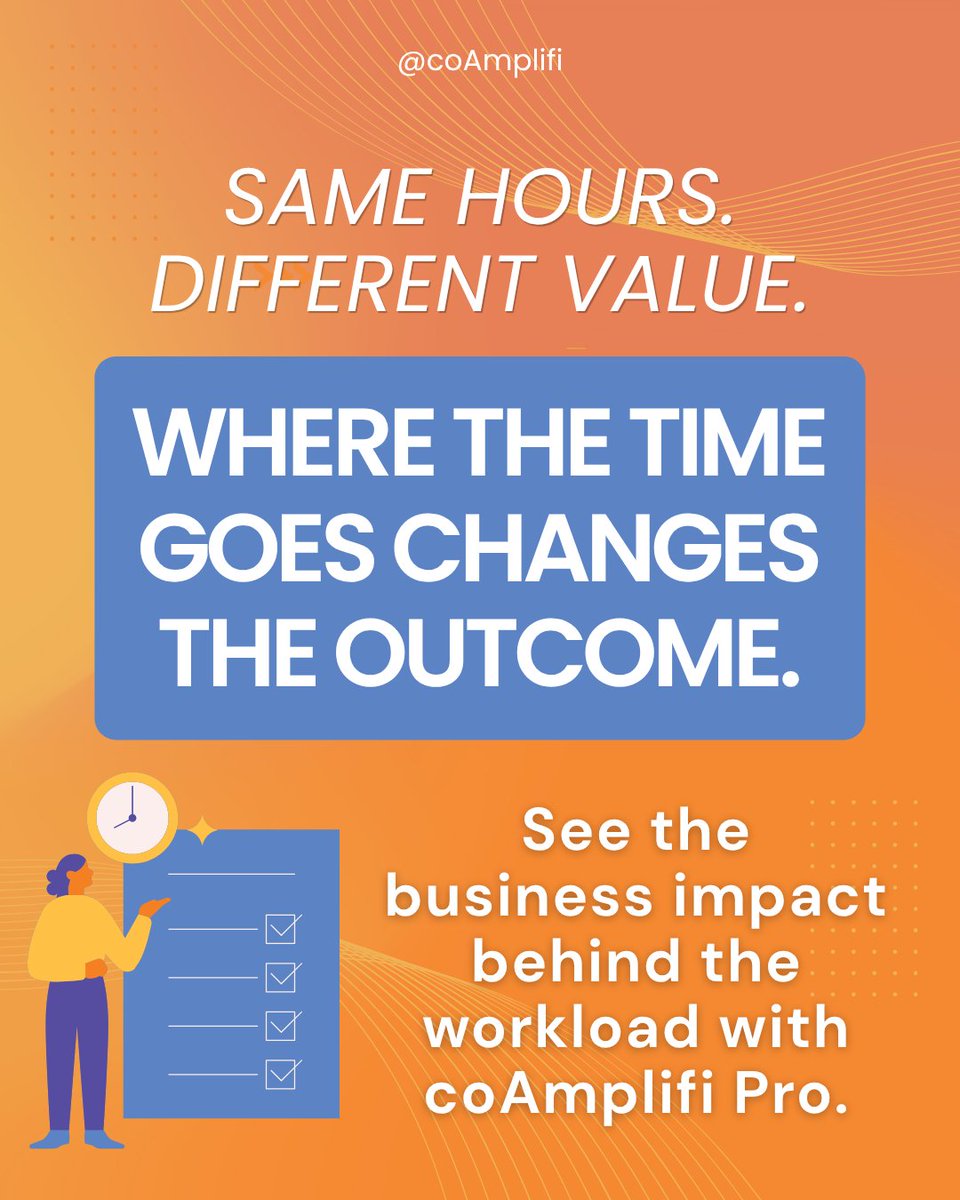 coAmplifi's tweet photo. Two consultants can work the same number of hours and create very different financial outcomes.

The difference is often where those hours went.

Client work.
Internal work.
Administrative time.
Unallocated capacity.

That's why total hours alone aren't enough to understand how effectively a consulting team is being used.

coAmplifi Pro gives firms visibility into chargeable utilization, billable time, and potential revenue so leaders can see the business impact behind the workload.

#ConsultingLife #ConsultingBusiness #Profitability