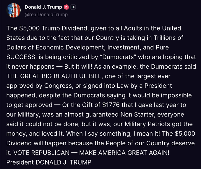 $1.2 TRILLION IS THE NUMBER WALL STREET SHOULD WATCH 👀
Forget the political debate for a second.
The proposed $5,000 Trump Dividend is potentially a massive ma