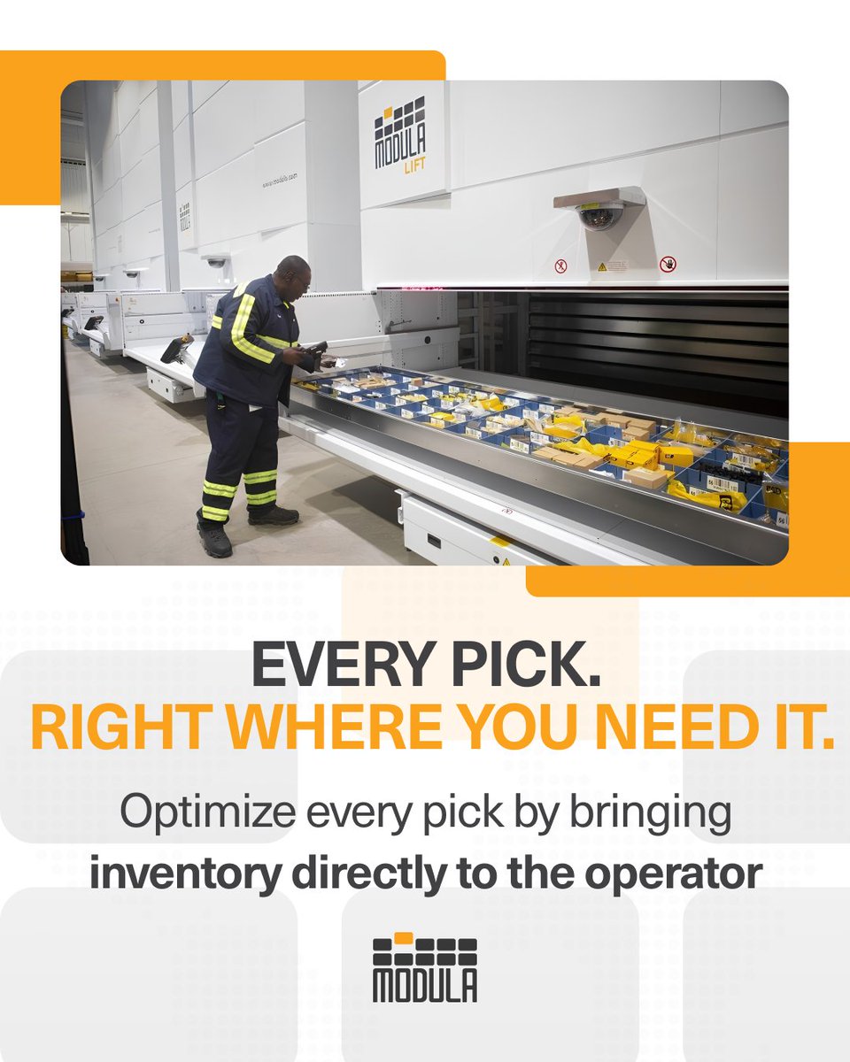 ModulaUS's tweet photo. Every pick, exactly where you need it.

Boost productivity by bringing inventory directly to the operator. Modula's automated storage solutions reduce travel time, improve picking accuracy, and streamline workflows, helping your team work faster while making the most of your available space.

Smarter picking. Greater efficiency. Better warehouse performance.

Learn more at https://t.co/Gi9pov0IVx.

#ModulaUSA #ThinkVertical #ThinkModula #WarehouseAutomation #VerticalStorage #SmartWarehouse