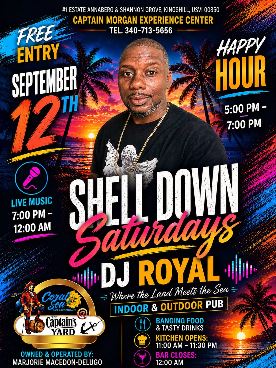 Royalturnitup's tweet photo. DJ Royal Shell Down Saturdays! @CaptainYard 
Amazing Venue! #CoralSea
Environment is Top notch! 
Plenty Vibes!
Liming Spot for the Grown and Sexy! Music Rum and Food! 
Royal Team Sounds! https://t.co/teiBJSroVh