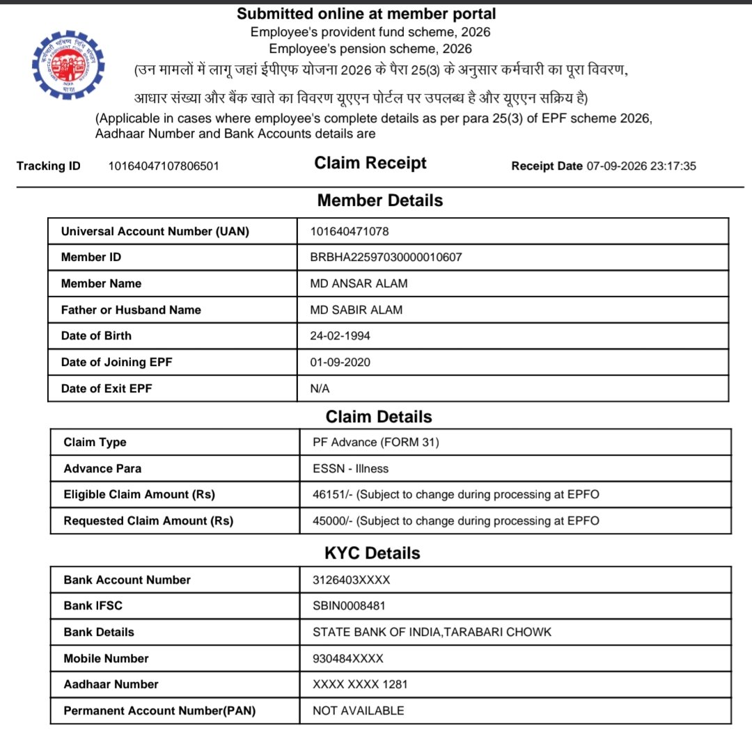 MaahiAnsar's tweet photo. Dear @officialepfo team,
 I have submitted my PF Advance claim (Form 31) due to an urgent medical situation, as a family member is currently admitted to the hospital. I urgently need the funds for medical expenses.
Kindly process and approve my claim at the earliest and settle https://t.co/bRRDY62Whm