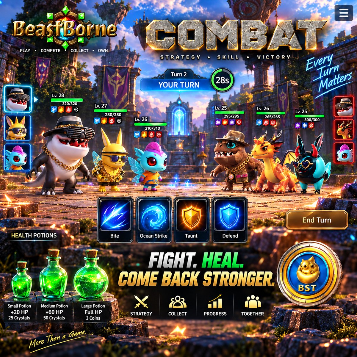 Beastborneweb3's tweet photo. One turn can change the entire battle. ⚔️

In Beast Borne, combat isn’t just about dealing the most damage.

Choose your creature. Pick your target. Time your abilities. Heal when necessary. And decide fast — because in PvP, you have just 30 seconds per turn.

🔥 Burn & Poison
🛡️ Shield & Armor Buff
⚡ Stun & Weaken
💚 Heal & Cure
🎯 Taunt & strategic targeting

Every status effect, cooldown and ability can change what happens next.

Your squad has 3 creatures.
Your advantage is how you use them.

If you had one move left to win the battle — ATTACK ⚔️, STUN ⚡, or HEAL 💚?
👇 Choose one.

#BeastBorne #BST #Web3Gaming #StrategyGaming #PvP #GameFi