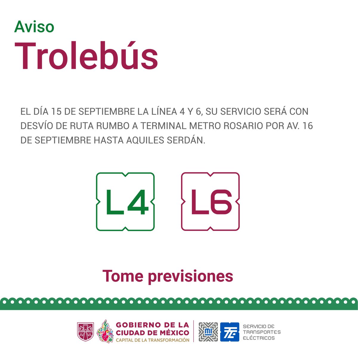 STECDMX's tweet photo. #MovilidadCDMX

AVISO 

Modificaciones al servicio los días 15 y 16 de septiembre. https://t.co/dYCsfVO1vx