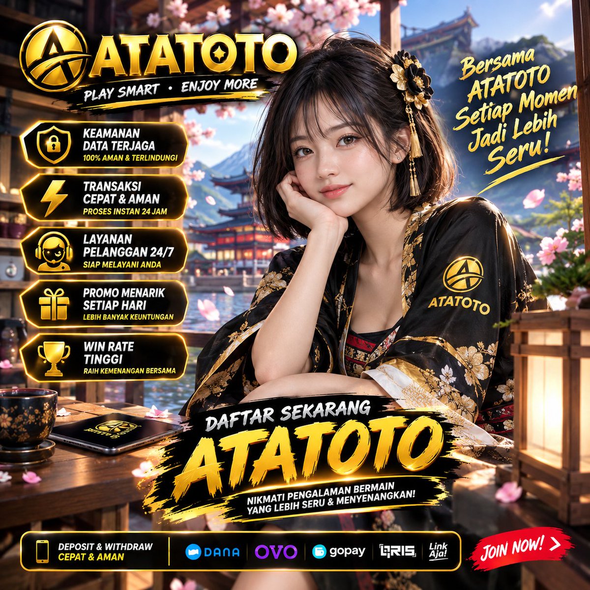 RioSatriomp4y's tweet photo. 🌸🖤 Black, gold &amp; sakura vibes.
Perpaduan karakter modern dengan atmosfer Asia tradisional menghasilkan visual yang bold dan elegan. ✨
🔥 Aman dan Amanah
🔥 Ramah dan Terpopuler

#VisualArt #Sakura #ATATOTO #ArtStyle https://t.co/0HZvvviUPX