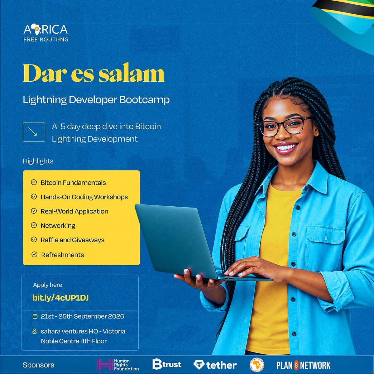 BitcoinSafariTZ's tweet photo. 🇹🇿 History in the Making: Tanzania’s First-Ever Lightning Developer Bootcamp!

For many years, Tanzania has been waiting for this moment. And now it’s finally here ✨

We are proud to announce that Tanzania will be hosting its very first 5-Day Lightning Developer Bootcamp , organized by @FreeRoutingAf . This is a big step forward for our tech community, and we couldn’t be more excited.

What is it?
A hands-on, practical, 5-day bootcamp designed to train the next generation of Lightning developers right here in Dar es Salaam. Whether you are just curious about Bitcoin Lightning, building fintech solutions, or ready to scale your dev skills, this bootcamp is built for you.

The momentum is real
So far, we already have 90+ developers from across Tanzania who have registered. That’s 90+ builders, creators, and future leaders coming together to learn, collaborate, and shape the future of payments and open networks in our country. This shows how hungry our community is for growth, skills, and opportunity.

Why you shouldn’t miss this: 
- First of its kind in Tanzania: Be part of the founding cohort that kicks off Lightning development in our nation

- Practical learning: 5 full days of workshops, coding, and real-world use cases

- Community: Connect with other Tanzanian developers, mentors, and the Africa Free Routing team

- Future-ready skills: Lightning is powering faster, cheaper, and more accessible payments across Africa. The skills you learn here will put you ahead

If you are from Tanzania and care about technology, innovation, and building solutions that matter for our people, this is your moment. Don’t watch from the sidelines. Join us, learn with us, and build with us.

The energy so far has been incredible, and we want YOU in the room. Seats are limited, and with 90+ registrations already in, they are filling up fast.

Secure your seat today 
Register here: 👉 https://t.co/UljCeLuwjd

Let’s make history together. Let’s show what Tanzanian developers can do when given the tools, the training, and the opportunity.

Thank you to everyone who has already registered and to Africa Free Routing for bringing this vision to life. We can’t wait to see you at the bootcamp. 

You’ll thank yourself later 💡🚀

@TK_254  @tinnah924 @faraja_zungu @lawcharsfx1 @batho_shukran @kimwaga_rk @xOnTheRoad1 @AdamNdembo @meckie360
