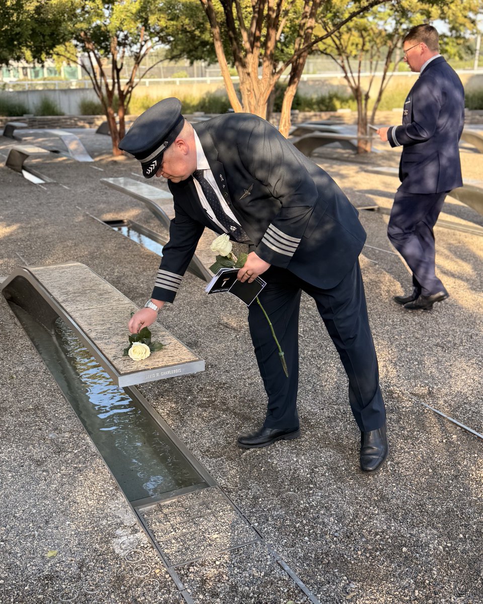 AlliedPilots's tweet photo. Following a Sept. 9 ceremony at the National 9/11 Pentagon Memorial, DCA Domicile Vice Chair CA Thomas Lawler left a rose on a bench bearing the name of FO David Charlebois. https://t.co/6Z9jrjtCRv