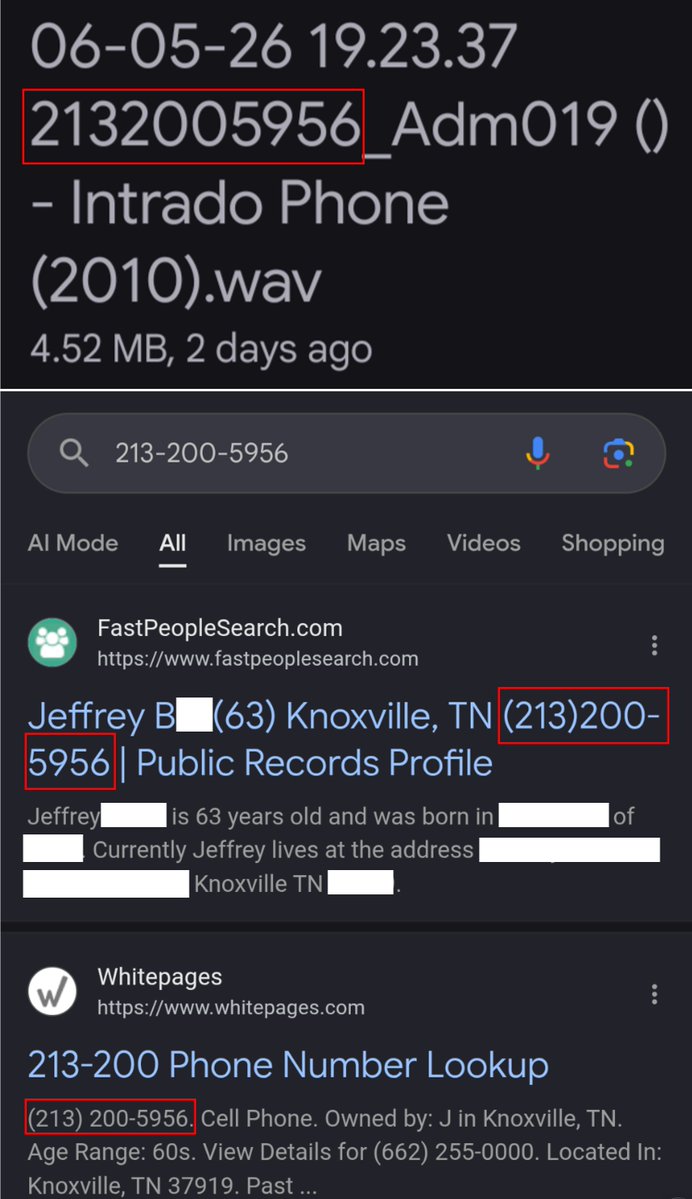 jessmachadoshow's tweet photo. There was something about the Baker 911 call that did not add up for us when I first received a printed copy of the call. 

The phone number listed on the sheet began with an area code of 230. I immediately called the number and it had the characteristics of a burner number. Furthermore,  Google searches of the number did not yield a person nor a place. 

Earlier today, @Doughy_Fingers sent the audio file she received from her record request to @ScottKirch27 and asked him to look it over. She thought perhaps he could tell if the caller used a voice changer app during the call.

But what Scott noticed is that in the audio, the dispatcher says the phone number with the 230 area code and the caller, Jeff, agrees to the number. Perhaps he didn't hear her properly,  but the dispatcher made an error.

The file itself has the correct phone number from which the call was made. The area code is actually 213,  as you can see below. Anyone else who received this file will have the same phone number in the file name. 

THAT number is a real number,  and belongs to a man named Jeffrey B., who lives in Knoxville Tennessee. If you Google it, you can see for yourself. 

I reached out to Jeff and asked to connect and while I haven't heard back, I didn't want to wait one extra minute to shove it down the throats of every single person who continues to suggest either J7, my husband or myself are responsible for this call. 

Have a good weekend. 

*Extra special thanks to Doughy and Scott for working so hard on this.