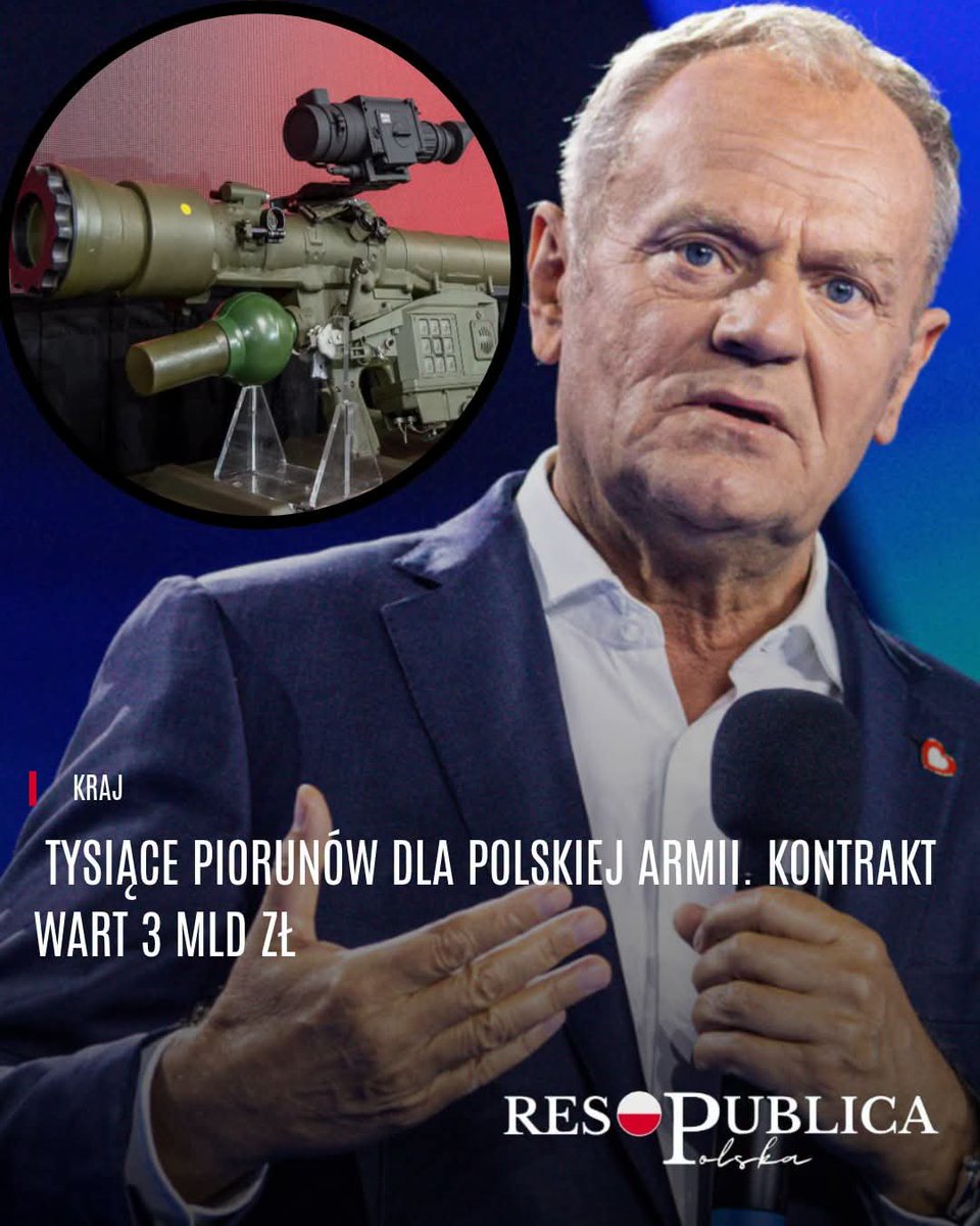 RespublicaTV's tweet photo. Tysiące Piorunów dla polskiej armii. Kontrakt wart 3 mld zł

Polskie wojsko otrzyma kolejne tysiące zestawów przeciwlotniczych Piorun. 
Agencja Uzbrojenia i firma Mesko podpisały w Kielcach umowę o wartości około 3 mld zł. Kontrakt zostanie sfinansowany ze środków unijnego instrumentu SAFE, a dostawy mają być realizowane w latach 2026–2030.
Umowę podpisano podczas XXXIV Międzynarodowego Salonu Przemysłu Obronnego. To pierwsze zamówienie wykonawcze do umowy ramowej zawartej 24 sierpnia przez Agencję Uzbrojenia i Mesko, której wartość przekracza 8 mld zł.
W ramach nowego kontraktu wojsko otrzyma kilka tysięcy pocisków rakietowych i mechanizmów startowych PPZR Piorun. Zamówieniu będą towarzyszyć również pakiety logistyczny i szkoleniowy.
Piorun jest przenośnym przeciwlotniczym zestawem rakietowym przeznaczonym do zwalczania nisko lecących celów, https://t.co/fh1idzxYeS. samolotów, śmigłowców i dronów. System ma zasięg do 6,5 km i znajduje się na wyposażeniu polskiej armii od 2018 r.
Podczas MSPO o znaczeniu tej broni mówił premier Donald Tusk.
„Jesteśmy dumni z Piorunów” - podkreślił. Jak zaznaczył, dzięki https://t.co/fh1idzxYeS. instrumentowi SAFE polski system stał się także produktem eksportowym. Wśród państw zainteresowanych jego zakupem wymienił Łotwę, Litwę i Norwegię.
Tusk przekonywał również, że inwestycje w krajowy przemysł obronny mają być jednocześnie inwestycjami w polską gospodarkę.

Link do artykułu w komentarzu.

#armia #RespublicaPolska #polskiewojsko #sprzet #polska #tusk