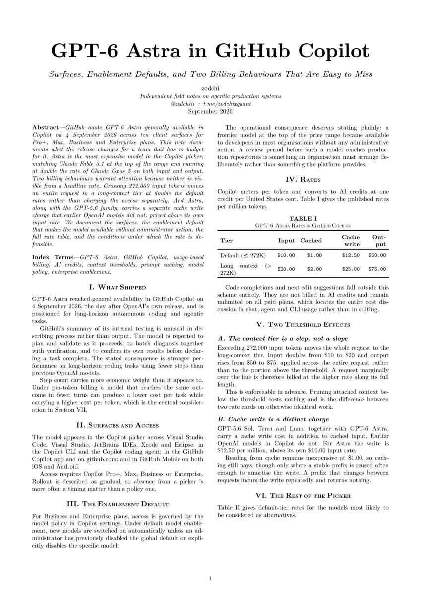 Attached Astra pricing note showing default enablement, the 272K long-context threshold, and a separate cache-write charge that can surprise teams
