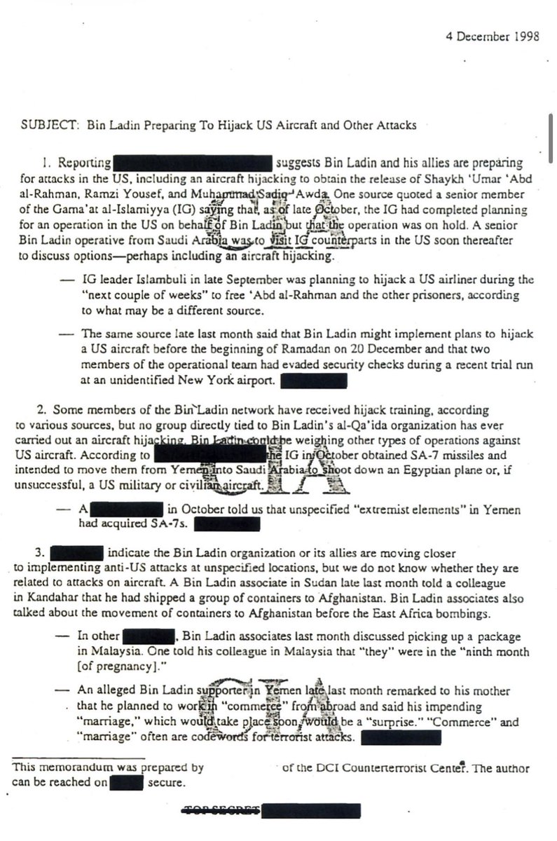 yunuspaksoy's tweet photo. YENİ — CIA ilk kez 1998-2001 arasında Başkan Clinton ve Başkan Bush’a sunulan istihbarat raporlarını paylaştı.

Tam 71 belge.

-Bin Ladin ve ekibinin ABD’de bir uçağı kaçırmak istediği

-Bin Ladin’in patlayıcı yüklü bir uçağı bir ABD şehrine uçurabileceği

-Bin Ladin’in New York’ta örgütlendiği

Bu gibi bilgiler CIA tarafından raporlanmış ve başkanlara iletilmiş.

11 Eylül saldırılarından 1 ay önce dahi aynı uyarılar gündeme getirilmiş.