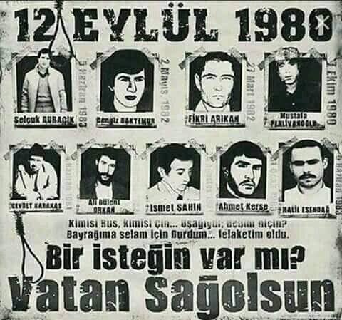 ToprakayhanS's tweet photo. Vuruldum meydanlarda, zincirlere vuruldum.
İdam verdi hakimler, sehpalara kuruldum.
Sehpada söyledik düğün türküsü,
Yaşasın ırkımın Turan ülküsü...!

Ne sizleri unuttuk ne de kahpe Eylülleri.!
#12Eylül
#kahpeeylül https://t.co/O0nb6B0EMl