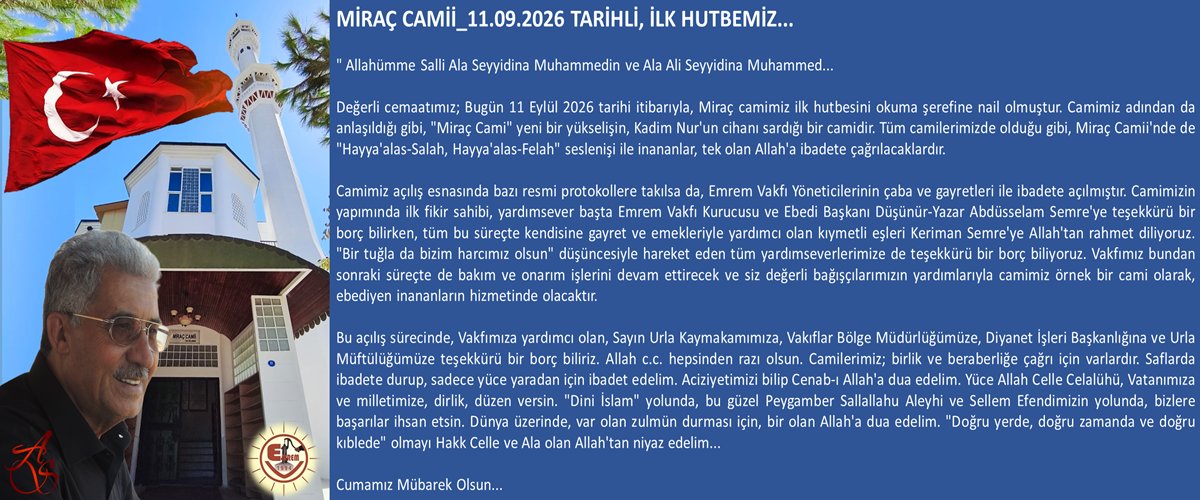 EmremVakfi's tweet photo. MİRAÇ CAMİİ_11.09.2026 TARİHLİ, İLK HUTBEMİZ... https://t.co/1N7qtlqKcQ