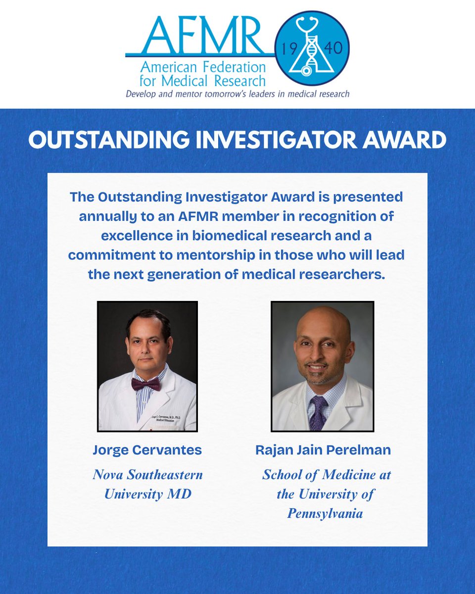 AFMResearch's tweet photo. The AFMR is excited to announce the recipients of the 2026 National Awards. These outstanding candidates are well deserving of these awards recognizing careers of dedication to research and mentorship along with top research among our regional meetings.
#MedicalResearch #AFMR https://t.co/PFACTqS1oX