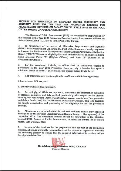 gituwa01's tweet photo. REQUEST FOR SUBMISSION OF PMS/APER SCORES, ELIGIBILITY AND SENIORITY LISTS FOR THE YEAR 2026 PROMOTION EXERCISE FOR PROCUREMENT OFFICERS ON SALARY GRADE LEVELS 08-13 IN THE POOL OF THE BUREAU OF PUBLIC PROCUREMENT

Get the full circular from our website
https://t.co/hQcnpPzdjB https://t.co/V1qEF3e6Tp