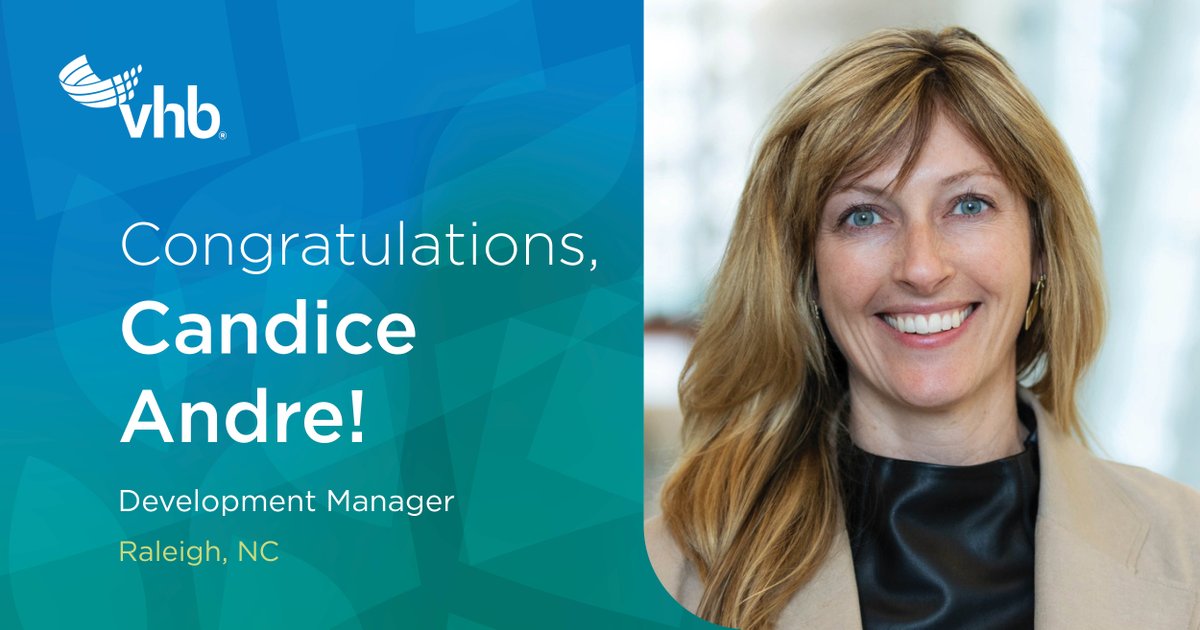VHBnow's tweet photo. Join us in congratulating Candice Andre on her promotion to Raleigh Development Manager!

Known for bringing people together around a shared vision, Candice will help strengthen partnerships and expand VHB's impact across the region.

More: https://t.co/cuCoLT618N. https://t.co/QnMlsqDcPB