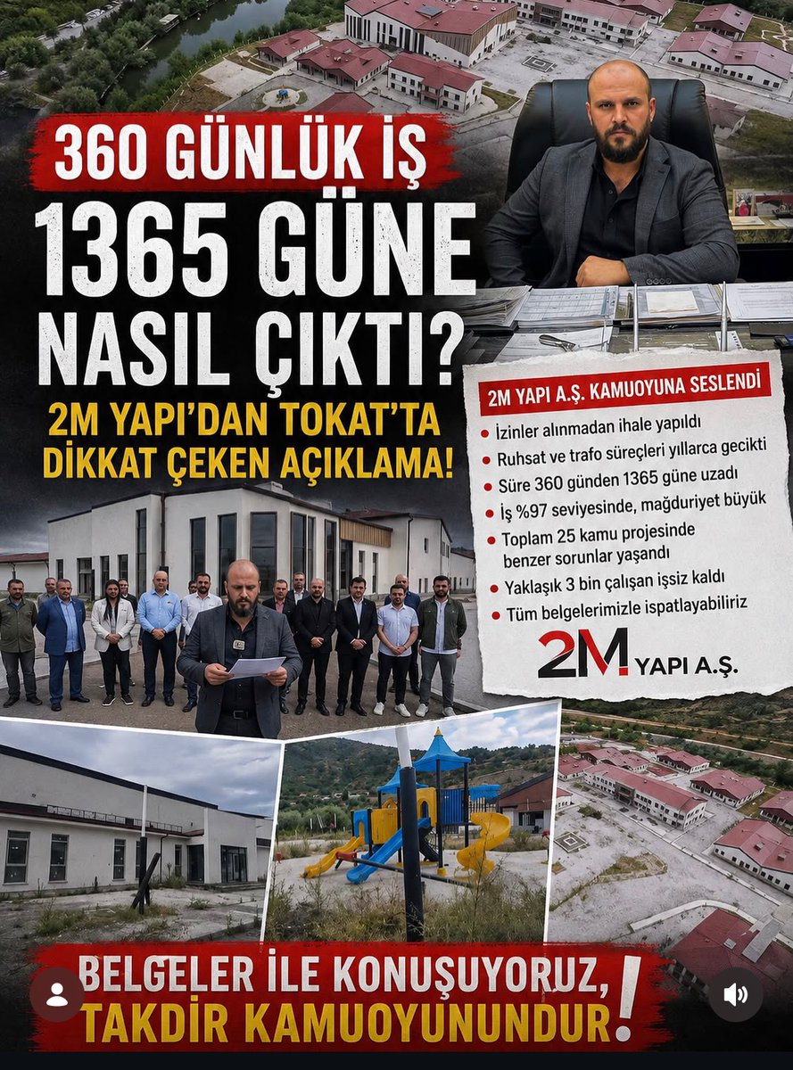 Aysegunlugu60's tweet photo. ⚠️ 360 GÜNLÜK İŞ 1365 GÜNE NASIL ÇIKTI? 2M Yapı’dan Tokat’ta gündem yaratacak açıklama!
Tokat��ta yapımı süren Aile ve Sosyal Hizmetler Kampüsü projesiyle ilgili yüklenici firma 2M Yapı A.Ş., kamuoyuna kapsamlı bir açıklama yaptı.+ https://t.co/6XPQNDbPp2