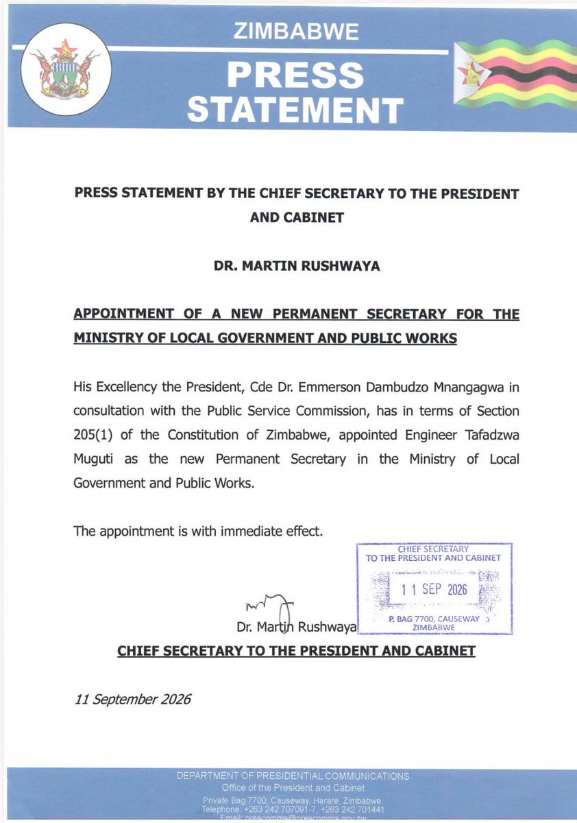 DeptCommsZW's tweet photo. H.E. President @edmnangagwa makes the following senior appointments:

1. Dr John Basera as a Commissioner of the Zimbabwe Land Commission.
2. Dr Mabel Ndakaripa-Hungwe as a Commissioner of the Zimbabwe Land Commission.
3. Engr  Tafadzwa Muguti as the Permanent Secretary of the Ministry of Local Government and Public Works.