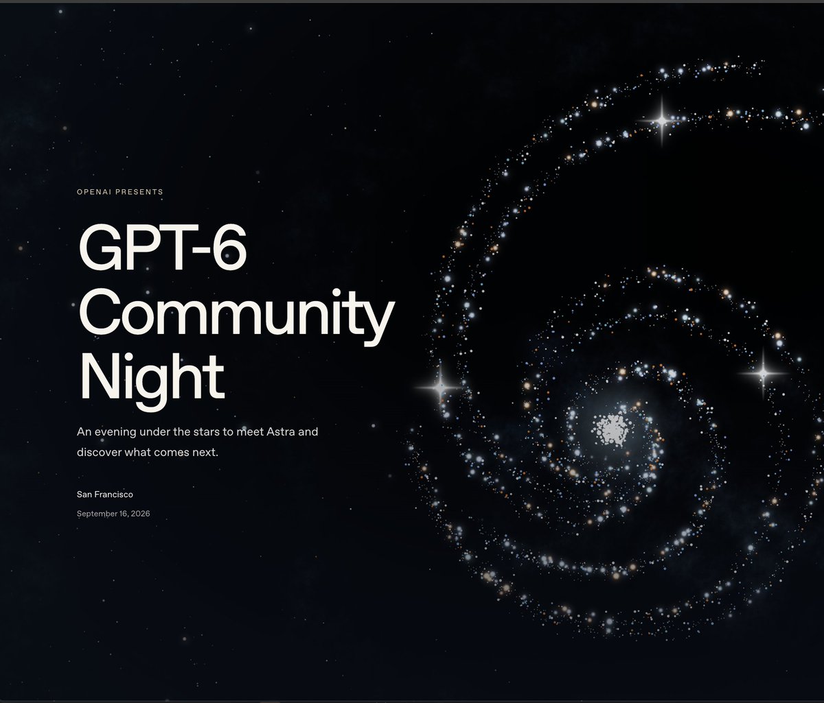vishnubk93's tweet photo. Got an invite to the GPT-6 Community Night in SF next week. I'll be there!
I'm an astronomer. I use radio telescopes to hunt for stars. Astra is Latin for stars, so this feels right.
Looking forward to meeting many interesting people 🙂
#GPTAstra https://t.co/tJuH2x6xUA