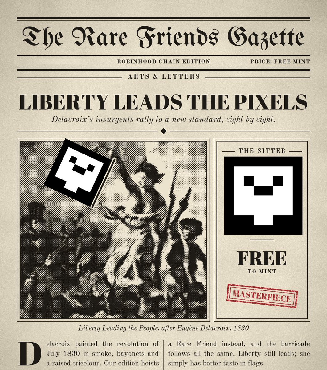 morphenvm's tweet photo. Genesis, portrayed as fine art. 

Hope you like it @poopie

Critic's notes:

1. Leonardo finally squared the circle.
2. Liberty found a better flag.
3. Napoleon brought a plus-one.

Three masterpieces. Only 1,024 @RareFriendsNFT can ever exist

link - https://t.co/hSx2yqECLe https://t.co/O0rnW6N1uq
