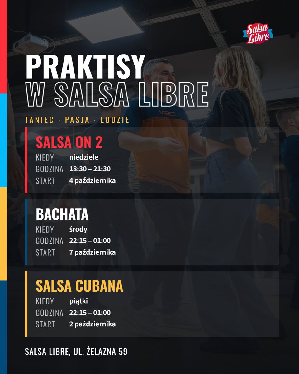 SalsaLibre's tweet photo. Harmonogram regularnych praktisów w nowym sezonie już jest! 📅

Ponieważ praktisy cieszą się super popularnością, każdy styl ma teraz swój stały dzień i godzinę!

Zapisujcie terminy i widzimy się regularnie na parkiecie. 🔥 https://t.co/8DQFKWS9cP
