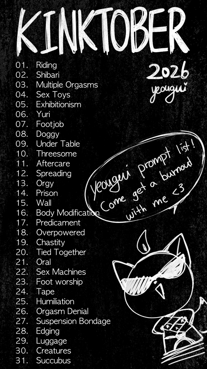 yeougui's tweet photo. It's already been 2 years since I did Kinktober last time, so I decided to do it again this year! A little burnout every two years never hurt anyone right? This time I made my own list though. Feel free to join if you want to! https://t.co/IRzzDOJrlX