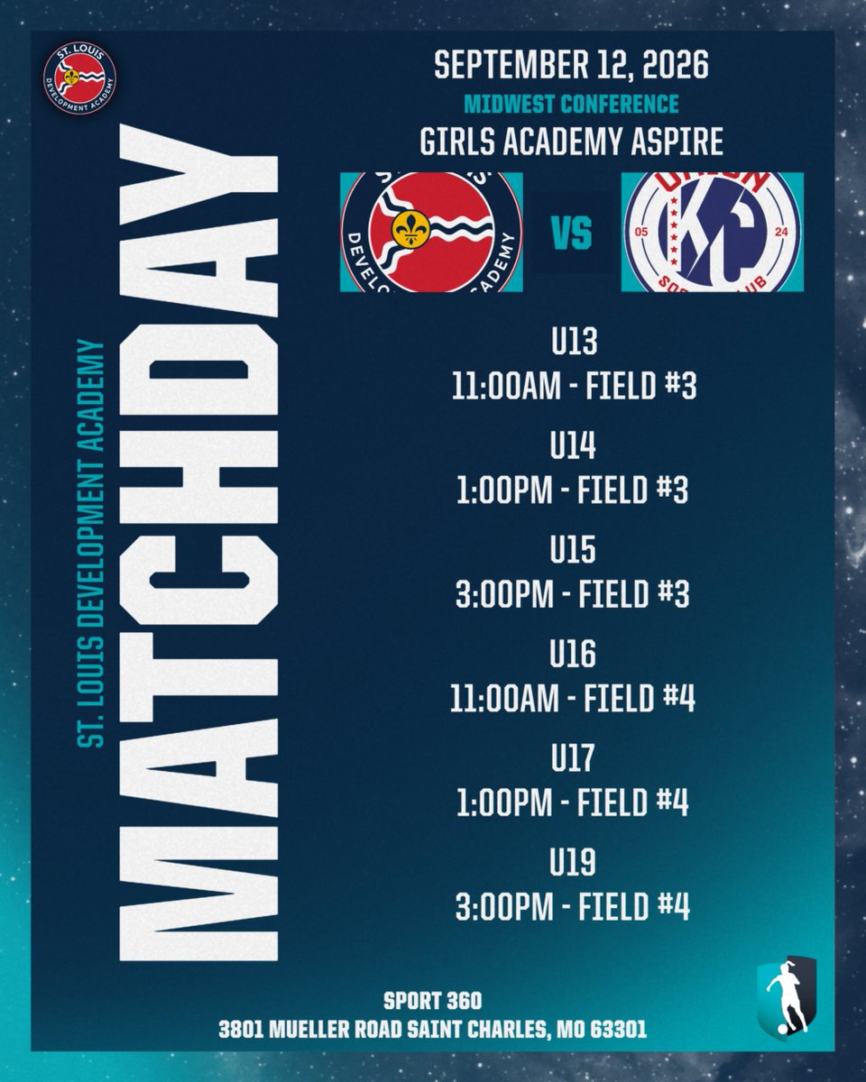 STLDASoccer's tweet photo. MATCHDAY AT SPORT 360! ⚽

Midwest Conference GA Aspire double-header weekend ahead for STLDA at Sport 360 in Saint Charles! Come out, show up big, and bring the noise for our teams!

#StlouisDA | #Aspire https://t.co/2ybOuFljzd