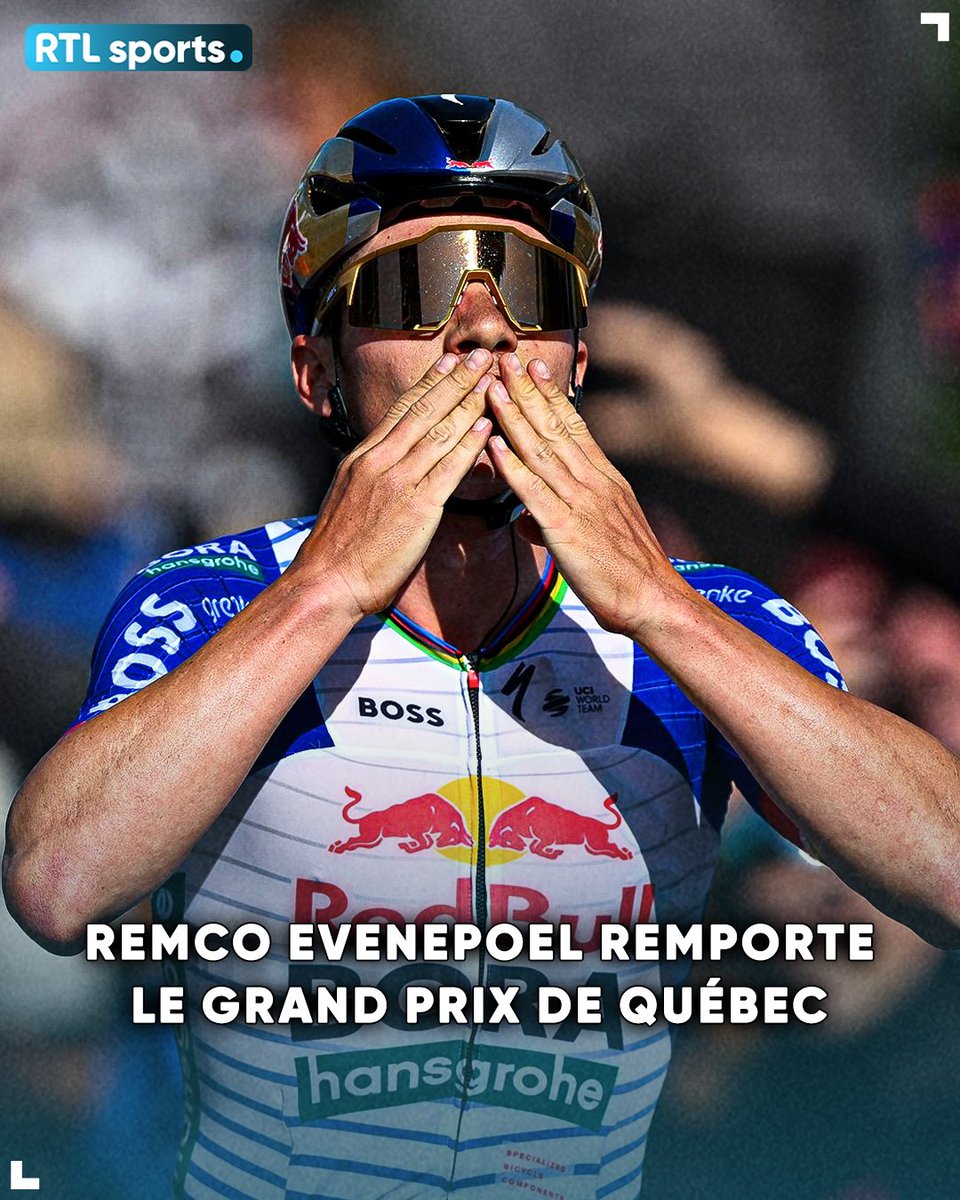 RTLsportsbe's tweet photo. Démonstration de Remco Evenepoel sur le Grand Prix cycliste de Québec. 💥
Le Belge s'est imposé dans un sprint à deux devant Giulio Ciccone et montre qu'il est déjà en grande forme à l'approche des Mondiaux. 🌈 #RTLsports https://t.co/JUEZWPCIMJ