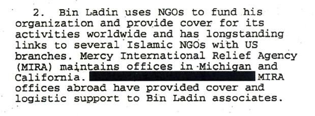 sunnyright's tweet photo. From today's CIA release: 

1998 US intel assessment on how Bin Laden uses NGOs that appear to be humanitarian in nature, to actually fund and cover for Islamist terrorism including in Michigan and California. 

https://t.co/fwGgUysXFA https://t.co/X8HGf6vjFK