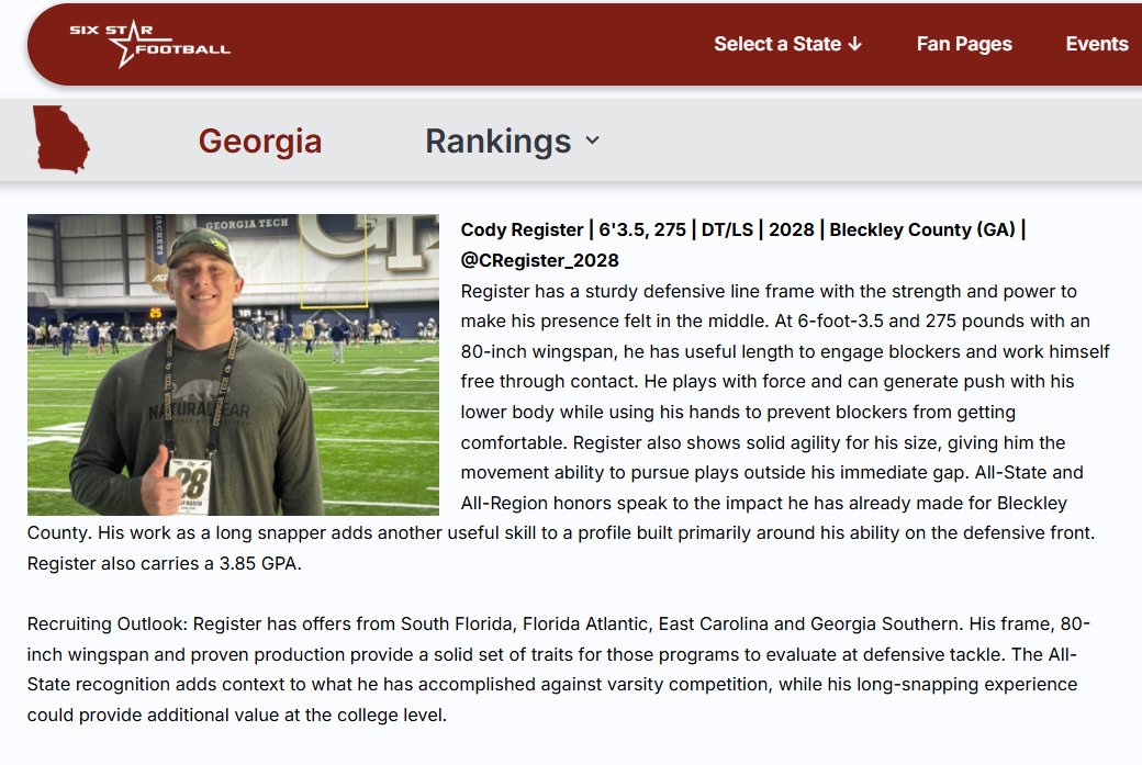 CRegister_2028's tweet photo. Blessed to be featured by @sixstarfootball as one of the Georgia Heavy Hitters! Thank you Mr. AJ Brooks and Six Star Football for the evaluation. I really appreciate it! Going to keep putting in the work!

It’s Friday! LET’S GO!   6 secs / All I Got / Next Rep
https://t.co/TGSkdfnsc1

@von_lassiter @CoachManning_54 @RoyalsFootball1
@Velocity_XP @Velocity_FB @AGEDITS32 @EvanMckissack @AhmirGibson @CoachLiamKlein @Big_Glitch @HunterMacKay_ @coach_thartley @Coach_King01 @2_adjames @TaylorBrownFAU @DLcoachbeck @tygeeleach @KyleWSteinhoff @CoachRyanPugh @CamdenDietz @Jshaughn_23 @queztrigg @CoachSantana_ @mikecaridi @LeoOtt123 @RivalsHS @Ga_Gridiron @RecruitGeorgia @PrepRedzoneGA @Wade_Register @PlayBookAthlete