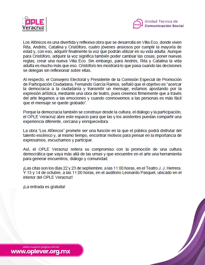 ople_Ver's tweet photo. #BoletinesOPLEV 📰𝐁𝐎𝐋𝐄𝐓í𝐍 𝐍𝐨. 𝟕𝟖/𝟐𝟎𝟐𝟔 

𝐎𝐏𝐋𝐄 𝐕𝐞𝐫𝐚𝐜𝐫𝐮𝐳 𝐚𝐛𝐫𝐞 𝐞𝐥 𝐭𝐞𝐥ó𝐧 𝐚 𝐥𝐚 𝐣𝐮𝐯𝐞𝐧𝐭𝐮𝐝 𝐜𝐨𝐧 “𝐋𝐨𝐬 𝐀𝐟ó𝐧𝐢𝐜𝐨𝐬” 

• 𝐔𝐧𝐚 𝐝𝐢𝐯𝐞𝐫𝐭𝐢𝐝𝐚 𝐨𝐛𝐫𝐚 𝐝𝐞 𝐭𝐞𝐚𝐭𝐫𝐨 𝐪𝐮𝐞 𝐟𝐨𝐦𝐞𝐧𝐭𝐚 𝐞𝐥 𝐩𝐚𝐩𝐞𝐥 𝐝𝐞 𝐥𝐚𝐬 𝐣𝐮𝐯𝐞𝐧𝐭𝐮𝐝𝐞𝐬 𝐞𝐧 𝐥𝐚 𝐯𝐢𝐝𝐚 𝐝𝐞𝐦𝐨𝐜𝐫á𝐭𝐢𝐜𝐚 𝐝𝐞 𝐧𝐮𝐞𝐬𝐭𝐫𝐨 𝐞𝐬𝐭𝐚𝐝𝐨 

• 𝐃𝐢𝐬𝐟𝐫𝐮𝐭𝐚 𝐝𝐞 𝐥𝐚𝐬 𝐟𝐮𝐧𝐜𝐢𝐨𝐧𝐞𝐬 𝐠𝐫𝐚𝐭𝐮𝐢𝐭𝐚𝐬 𝐥𝐨𝐬 𝐝𝐢𝐚𝐬 𝟐𝟐 𝐲 𝟐𝟑 𝐝𝐞 𝐬𝐞𝐩𝐭𝐢𝐞𝐦𝐛𝐫𝐞 𝐲 𝟏𝟑 𝐲 𝟏𝟒 𝐝𝐞 𝐨𝐜𝐭𝐮𝐛𝐫𝐞, 𝐚 𝐥𝐚𝐬 𝟏𝟏:𝟎𝟎 𝐡𝐨𝐫𝐚𝐬 

𝐗𝐚𝐥𝐚𝐩𝐚, 𝐕𝐞𝐫., 𝟏𝟏 𝐝𝐞 𝐬𝐞𝐩𝐭𝐢𝐞𝐦𝐛𝐫𝐞 𝐝𝐞 𝟐𝟎𝟐𝟔.- El Organismo Público Local Electoral del Estado de Veracruz (OPLE Veracruz) invita a la ciudadanía, en especial, a los jóvenes a disfrutar de la función de teatro “Los Afónicos”, una puesta en escena gratuita que, a través del humor, la reflexión y la expresión artística, invita a meditar sobre las consecuencias de nuestras decisiones y actos.
