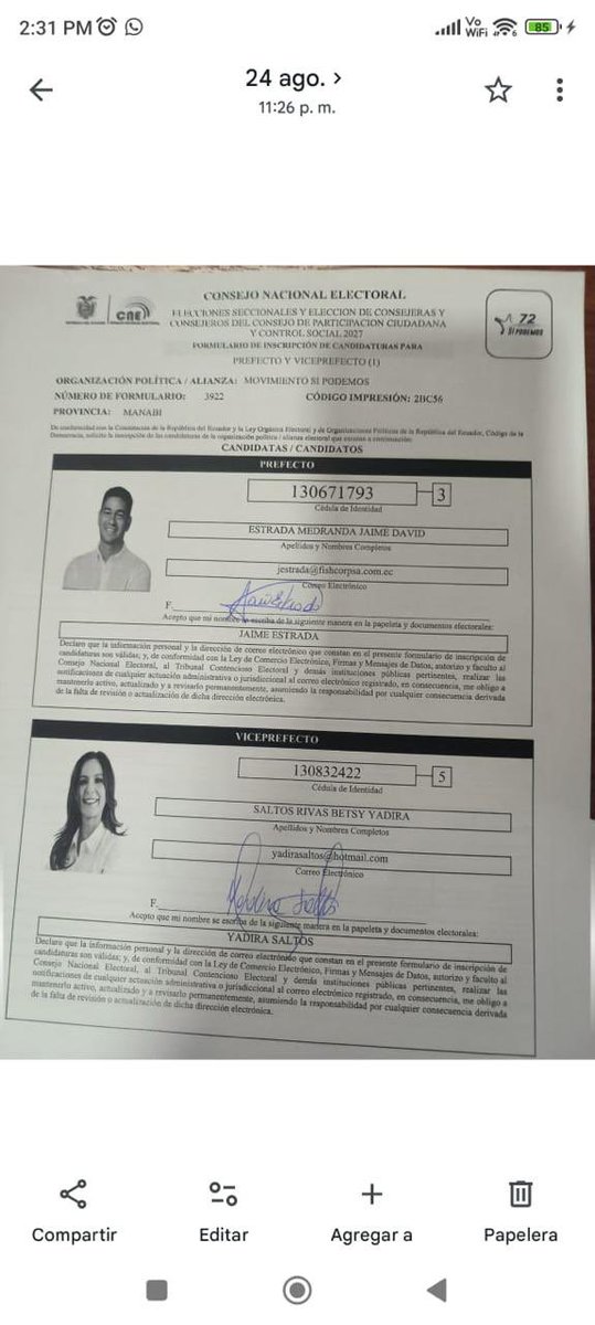 JaimeEstradaM's tweet photo. ¡Manabitas - Ecuatorianos. Pretenden burlar la democracia!

En un acto inconstitucional, el pleno del CNE, pretende aceptar la impugnación a nuestra candidatura a la prefectura de Manabí, que realizó el movimiento oficialista ADN, argumentando que me encuentro inmerso en lo prescrito del artículo 105, numeral 1, del Código de la Democracia (imagen).  

¡FALSO!

He cumplido con todos los procedimientos establecidos en el ordenamiento jurídico: he aceptado la precandidatura en la delegación provincial electoral, he reemplazado a un candidato saliente e hice un proceso de democracia interna. Señores Consejeros, revisen el expediente completo antes de votar.    

No existe ninguna causa jurídica para impedirme participar. Sin embargo, el pleno del CNE pretende hoy auspiciar el miedo y la persecución del oficialismo, antes que la libertad, el derecho y la democracia de que los manabitas elijan a su representante en las urnas. 

Las elecciones se ganan con votos en las urnas, no descalificando en la mesa a los candidatos por presiones.

@cnegobec @TCE_Ecuador @OEA_oficial @ONU_es @ONU_derechos @CIDH